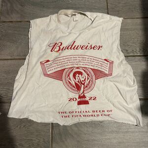 Hand-cropped Vintage Style White Budweiser 2022 FIFA World Cup T-Shirt